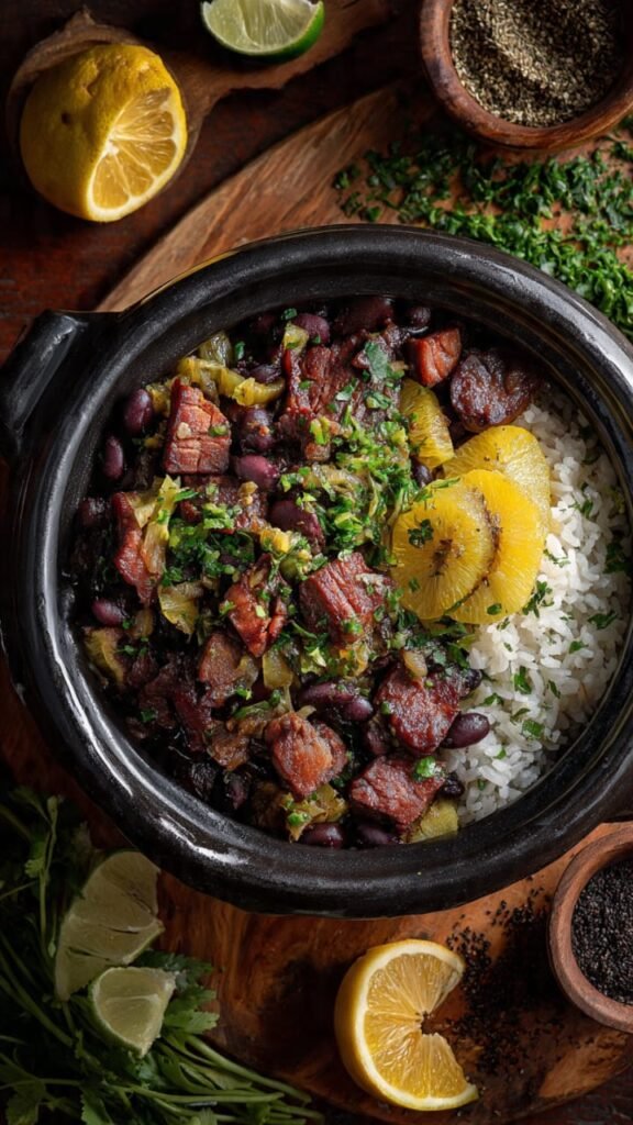  Feijoada tradicional brasileira com feijao preto arroz e laranja servida na panela de barro

