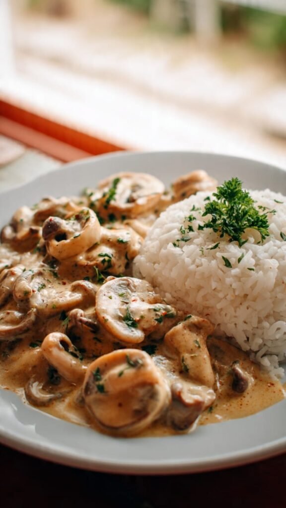 Strogonoff de shimeji com creme de caju cremoso servido com arroz branco
