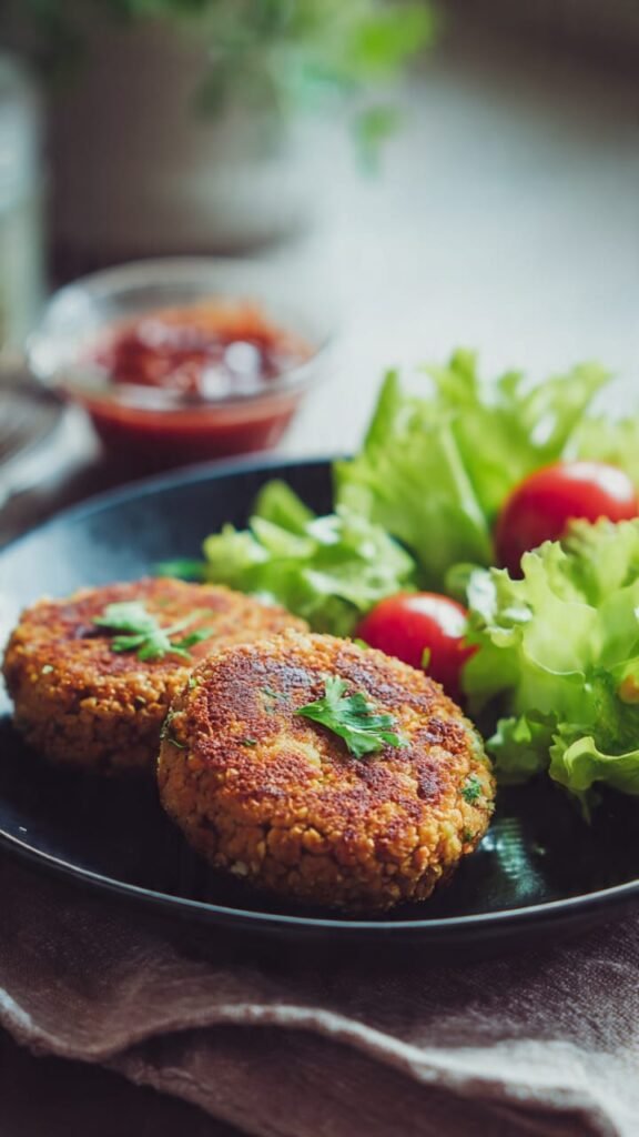 Hamburguer de grao de bico e proteina de ervilha na airfryer com salada