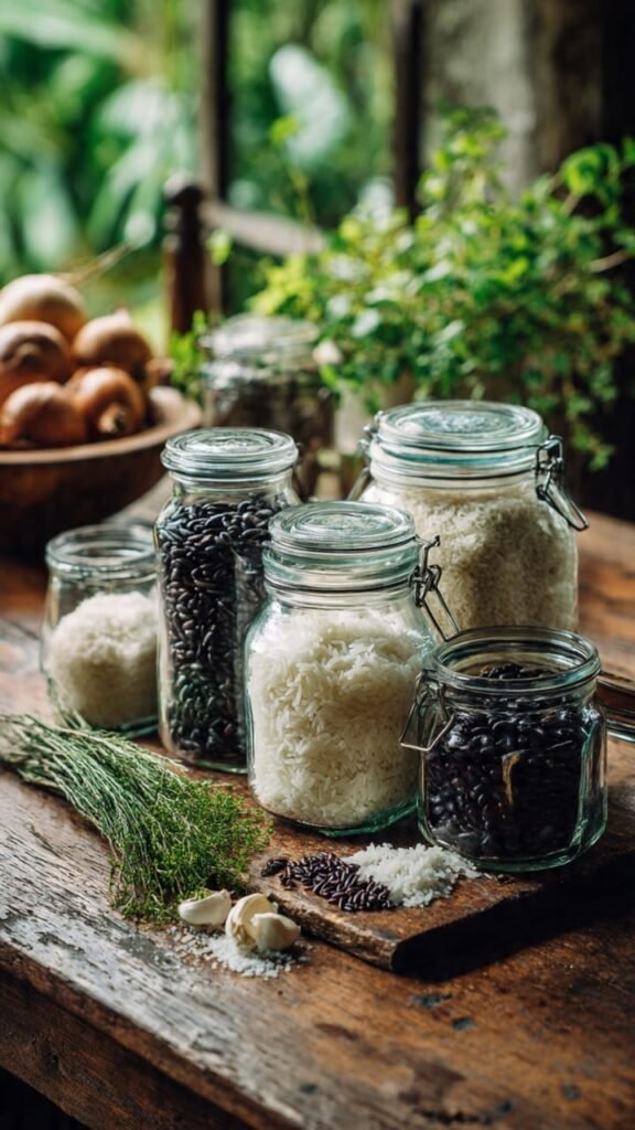 ingredientes brasileiros basicos arroz feijao pote de vidro