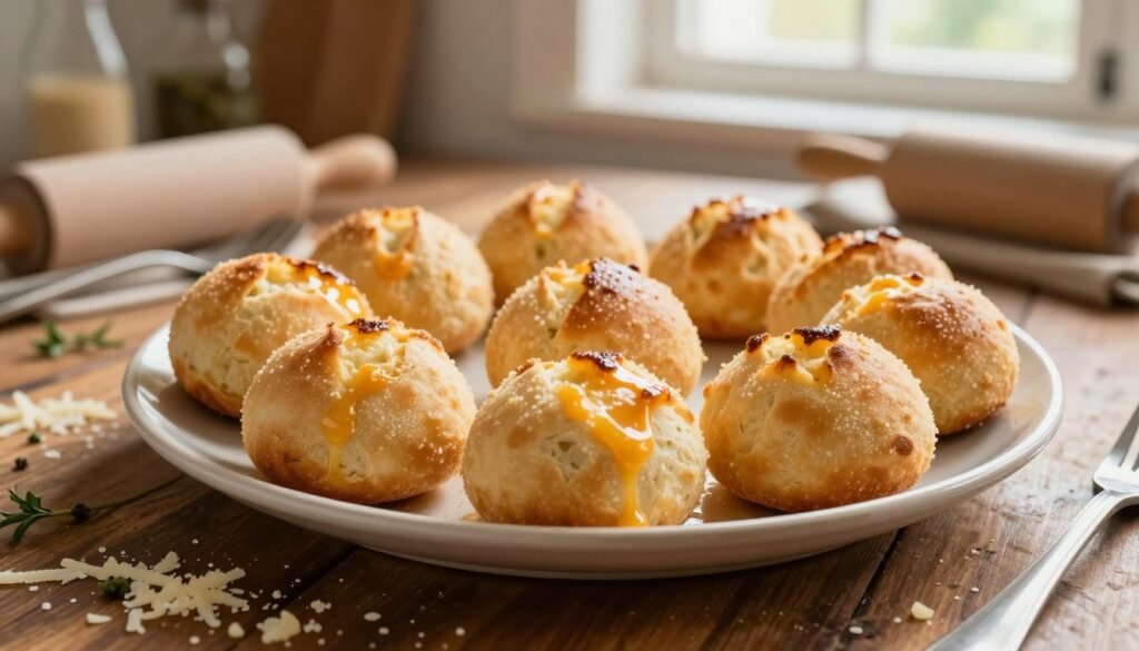 A beautifully arranged plate of freshly baked "Pão de queijo caseiro," each golden-brown sphere perfectly round and slightly glistening. In the foreground, focus on the texture of the chewy, cheesy dough with hints of melted cheese oozing from small cracks. Surrounding the plate, sprinkle some freshly grated cheese and herbs for added color. In the middle background, a rustic wooden table adorned with kitchen utensils and a rolling pin, emphasizing a homey kitchen atmosphere. Soft, warm natural light streams in from a nearby window, casting a gentle glow across the scene, enhancing the warmth and inviting nature of the dish. The overall mood is cozy and artisanal, ideal for showcasing authentic Brazilian culinary techniques.
