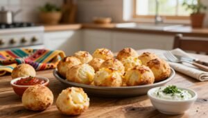 A freshly baked platter of pão de queijo, golden brown and perfectly puffed, sits on a rustic wooden table. The cheese bread, with its crispy outer layer and soft, chewy inside, glistens with a light sheen from melted cheese. In the foreground, a few cheese balls are artfully arranged alongside small bowls of dipping sauces, such as a spicy pepper sauce and a creamy herb dip. The middle ground features a warm, inviting kitchen setting, with subtle hints of Brazilian decor, including colorful table linens and traditional utensils. Soft, natural afternoon light streams through a nearby window, casting gentle shadows that enhance the inviting atmosphere. The overall mood is cozy and homey, evoking the rich and comforting flavors of authentic Brazilian cuisine.