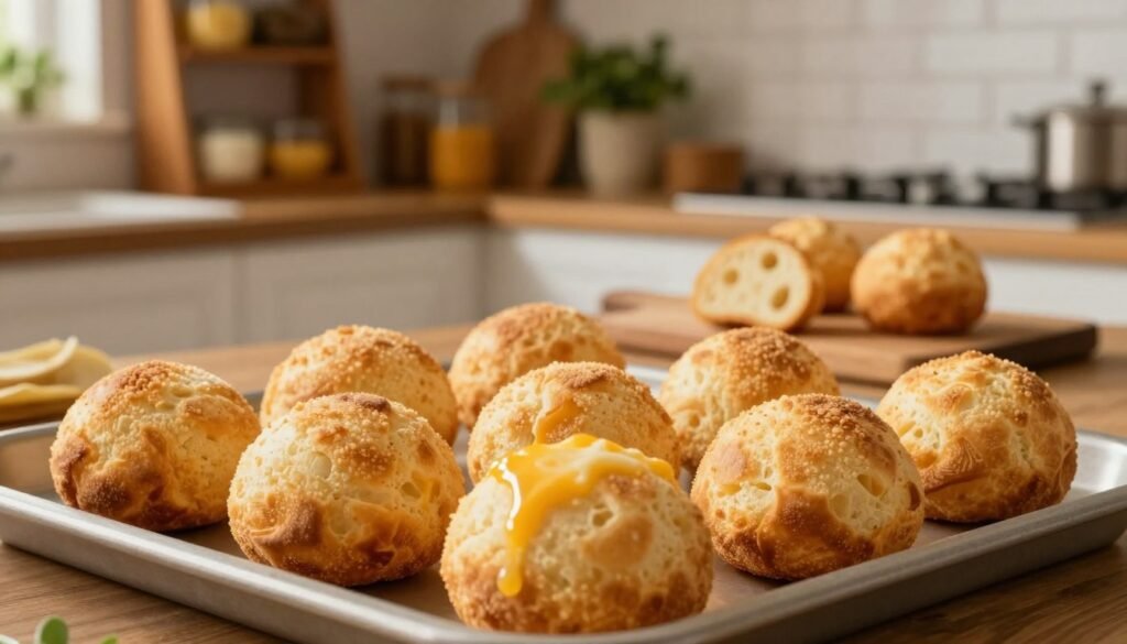 A freshly baked tray of golden-brown Pão de queijo, the traditional Brazilian cheese bread, sits in the foreground, showcasing its fluffy texture and crispy exterior with melted cheese oozing slightly from the top. In the middle ground, a wooden cutting board is artistically arranged with a few Pão de queijo pieces, revealing their airy inside. The background features a soft-focus kitchen setting, with warm, inviting lighting that highlights the rustic elements—wooden shelves filled with cooking ingredients and a hint of greenery from potted herbs. The atmosphere feels warm and homey, evoking the essence of Brazilian comfort food. The angle is slightly elevated, capturing the dish in detail while also providing depth to the kitchen scene, ensuring a cozy and authentic feel.