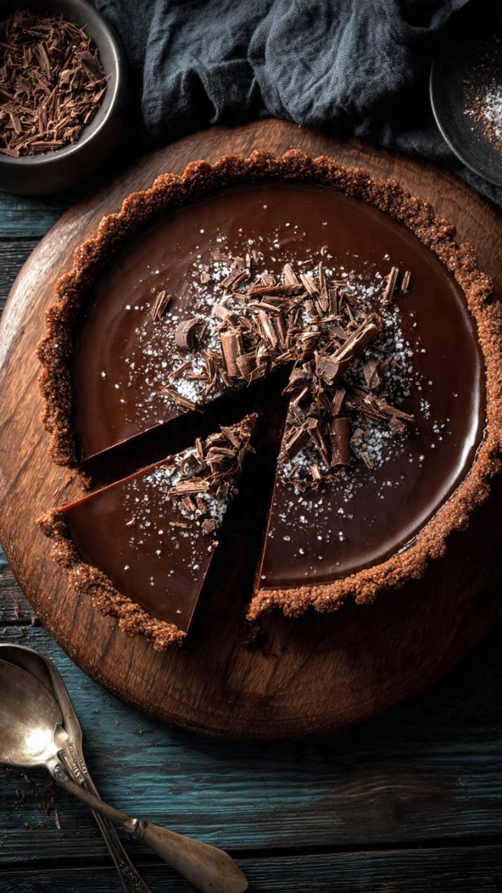     Tarte de chocolate cremosa com massa de bolacha e cobertura brilhante