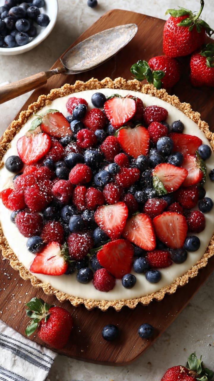 Tarte de frutas vermelhas refrescante com morangos mirtilos e framboesas
