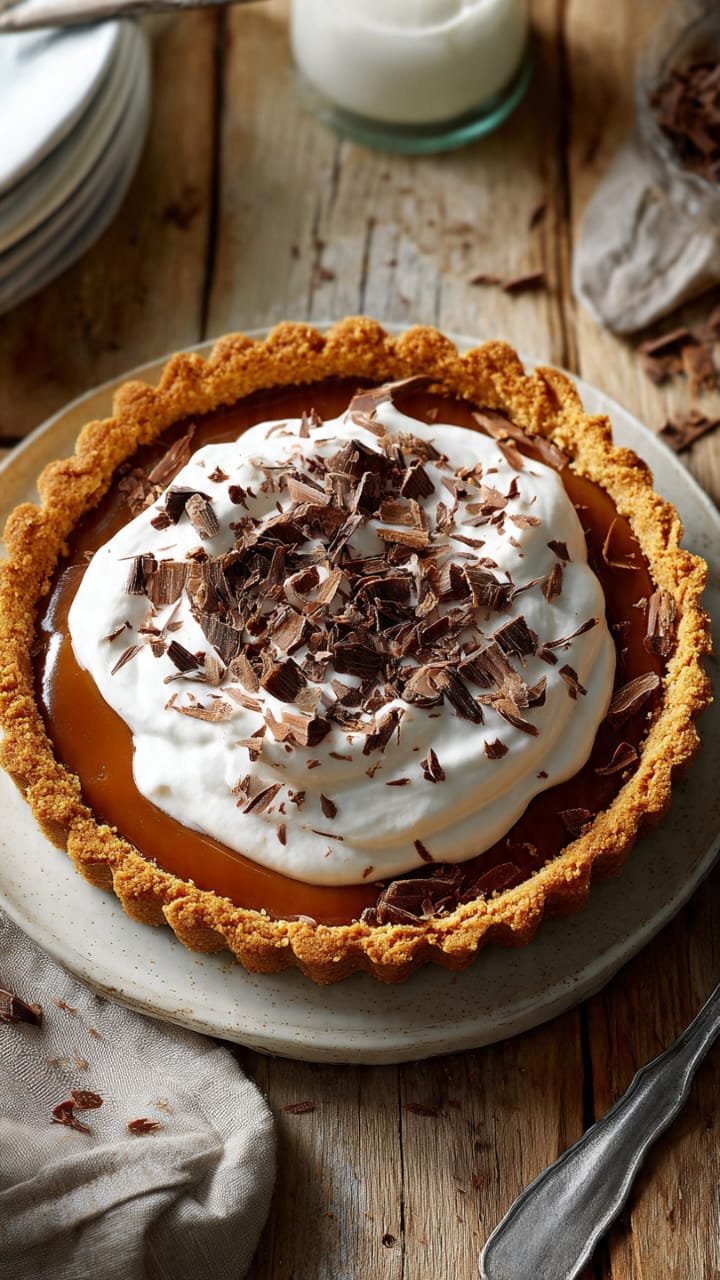 Tarte de doce de leite cremosa com chantilly e raspas de chocolate