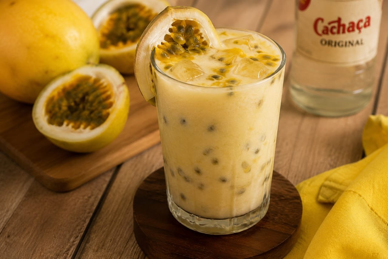 Copo de Batida de Maracujá cremosa com gelo e sementes, decorada com fatia de maracujá, ao lado de maracujás frescos e garrafa de cachaça