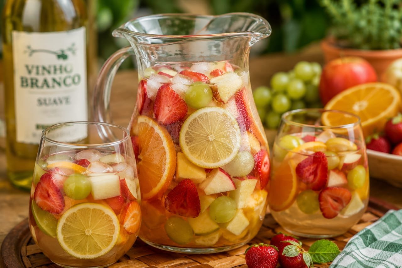 Coquetéis típicos brasileiros: Coquetel Clericot Brasileiro preparado com vinho branco, frutas frescas, gelo e água com gás