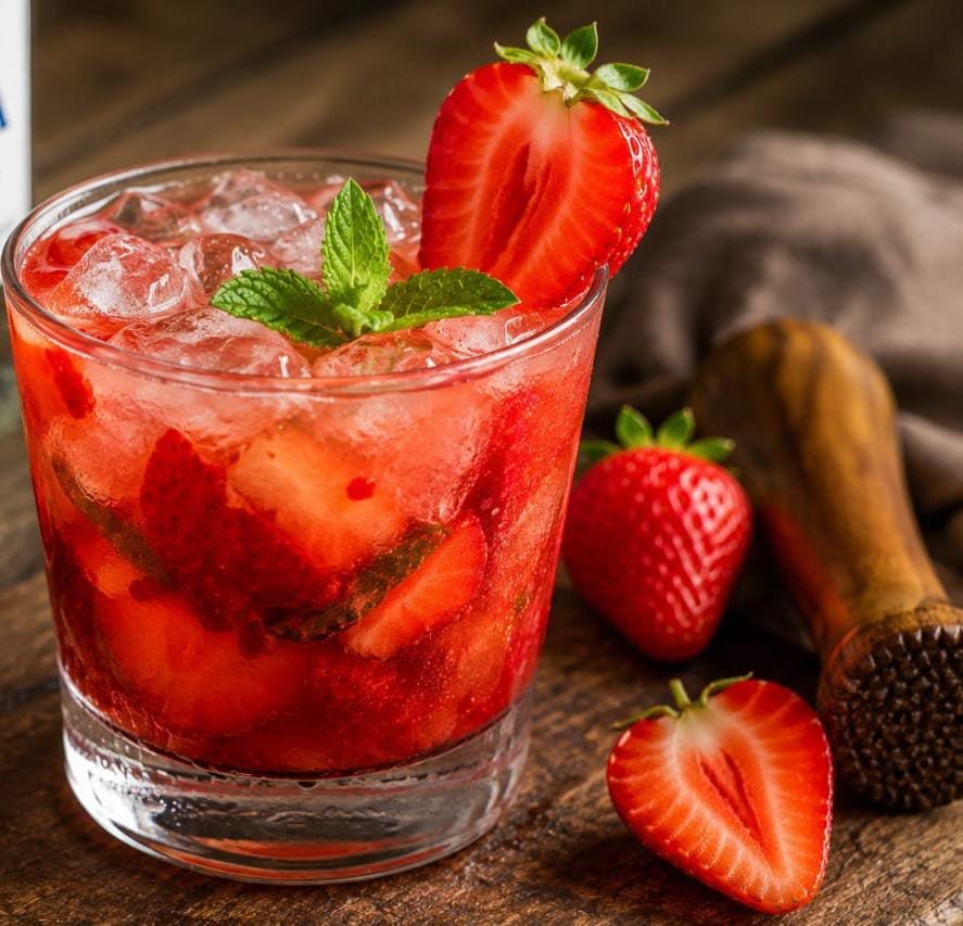 Coquetéis típicos brasileiros:Coquetel Caipiroska de Morango preparado com vodca, morangos frescos, gelo e hortelã.