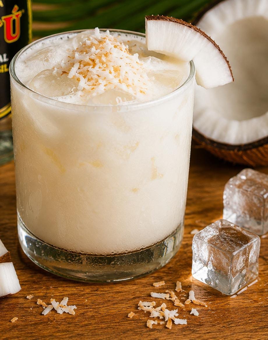 Coquetel Batida de Coco preparado com leite de coco, cachaça, leite condensado, gelo e coco ralado.
