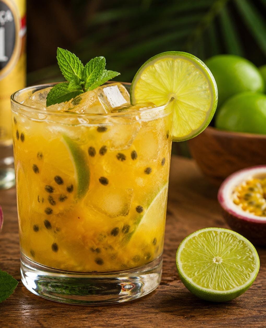 Copo de Caipirinha de Maracujá com gelo, sementes de maracujá, rodelas de limão, folhas de hortelã e rodela de limão na borda