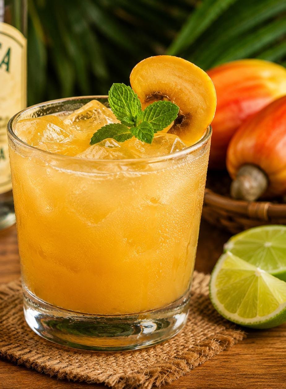 Coquetel Caju Amigo preparado com suco de caju, cachaça, gelo e folhas de hortelã.
