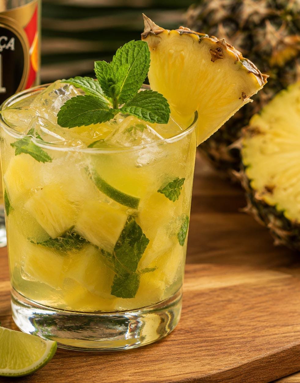 Coquetel Caipirinha de Abacaxi preparado com abacaxi fresco, cachaça, gelo, limão e hortelã.