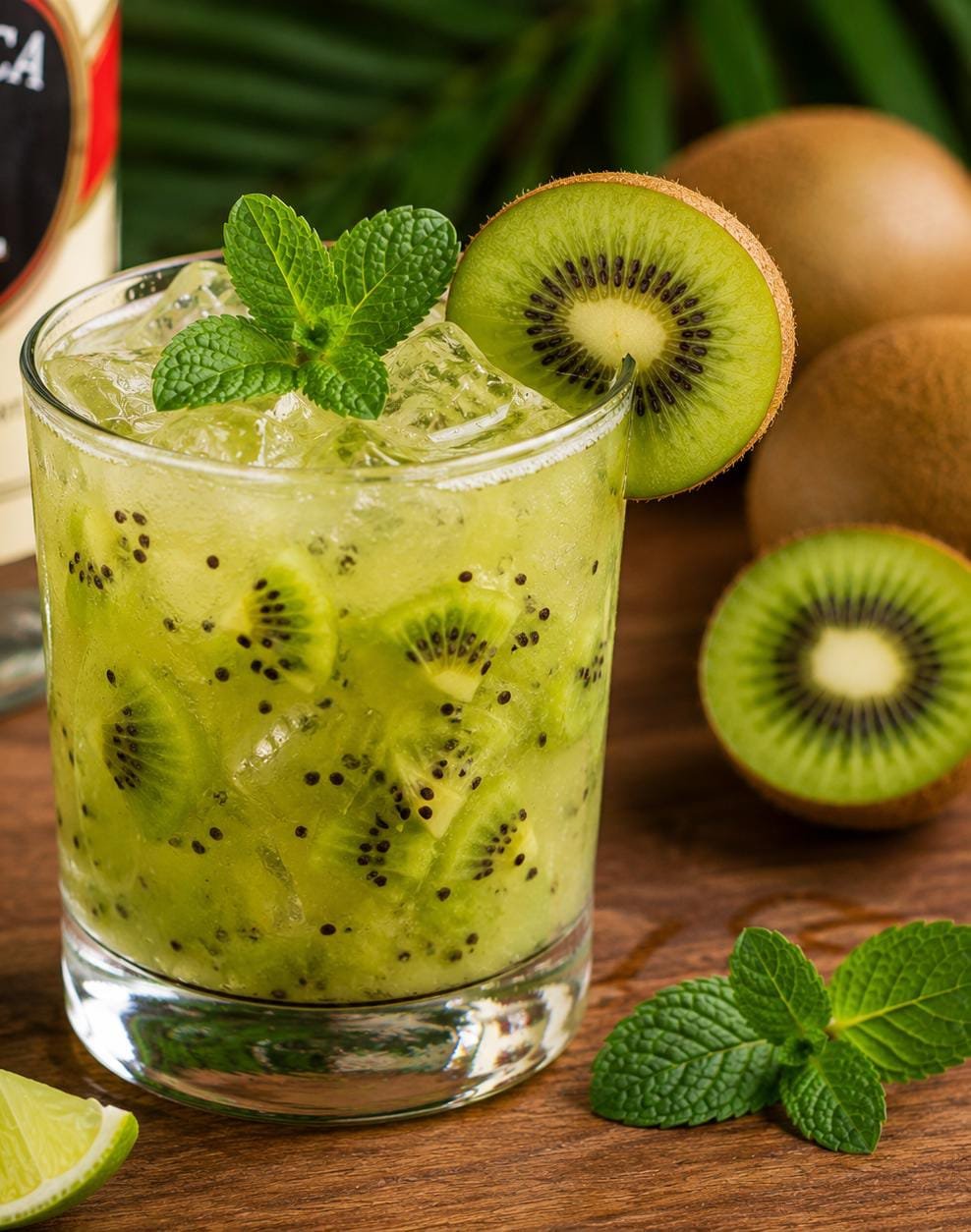 Coquetel Caipirinha de Kiwi preparado com kiwi fresco, cachaça, gelo, limão e hortelã.