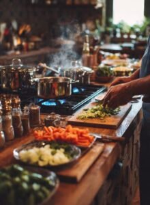 mulher aprendendo técnicas básicas de culinária para iniciantes, cortando legumes e controlando o fogo do fogão