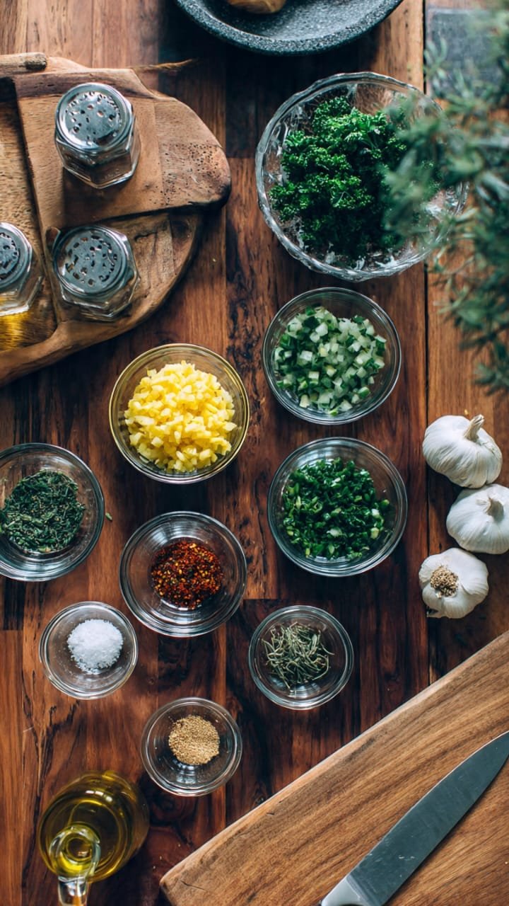 Mise en place com ingredientes organizados em potinhos na bancada da cozinha
