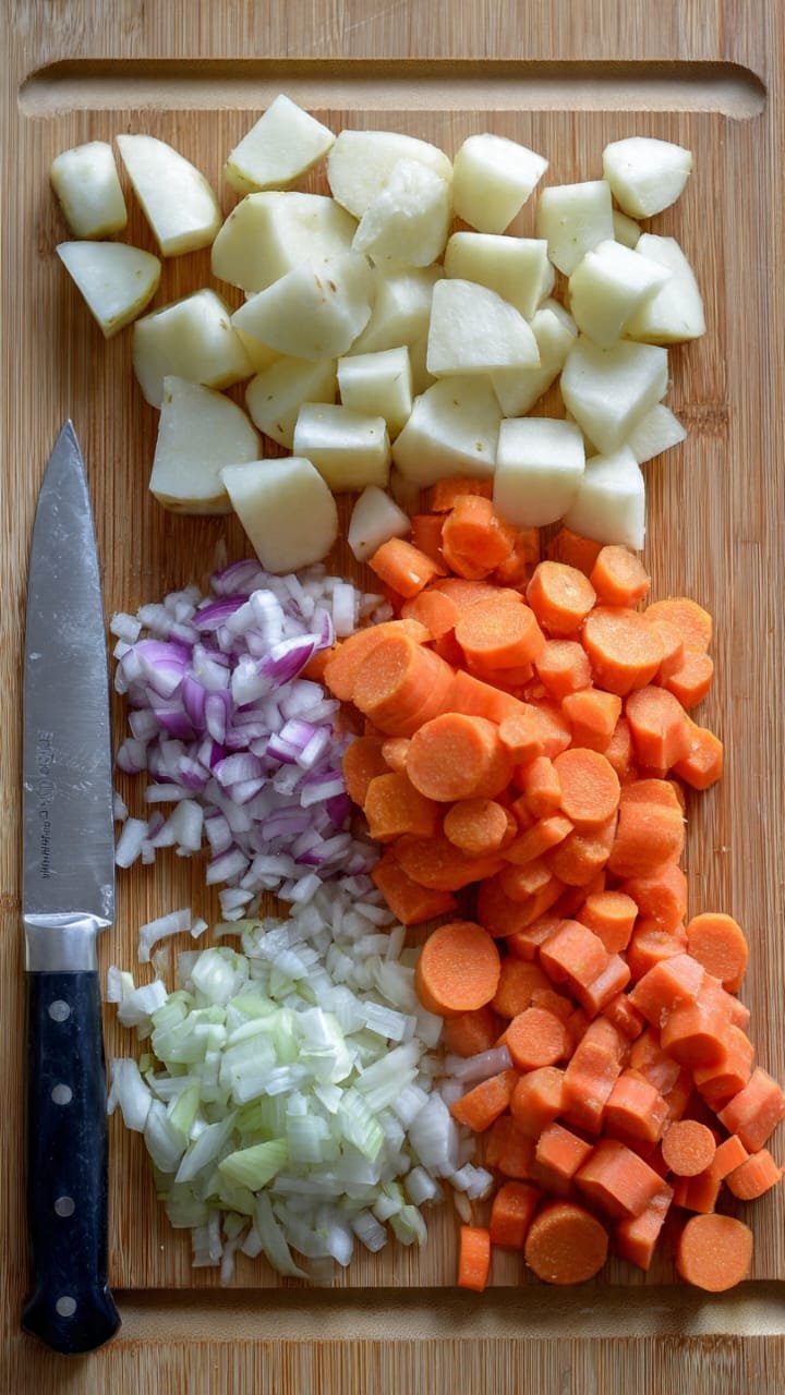 Técnicas de corte 
Legumes cortados em tamanhos uniformes na tábua de corte