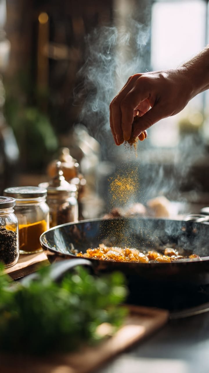 Adicionando temperos em camadas na panela com cebola refogada