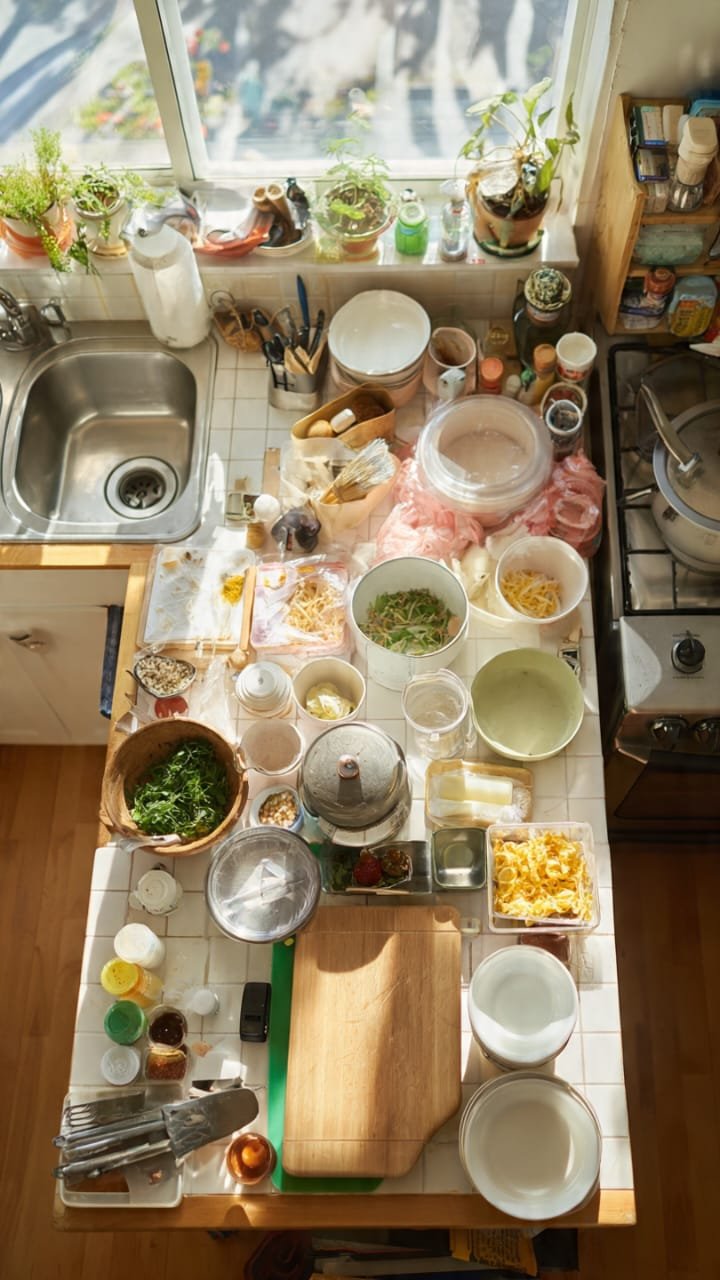 Bancada de cozinha limpa e organizada durante o preparo