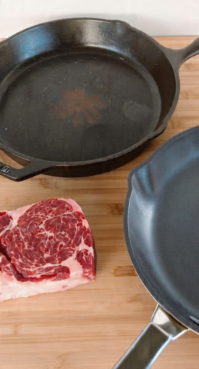 panela de ferro fundido vs inox vs antiaderente para preparar bife
