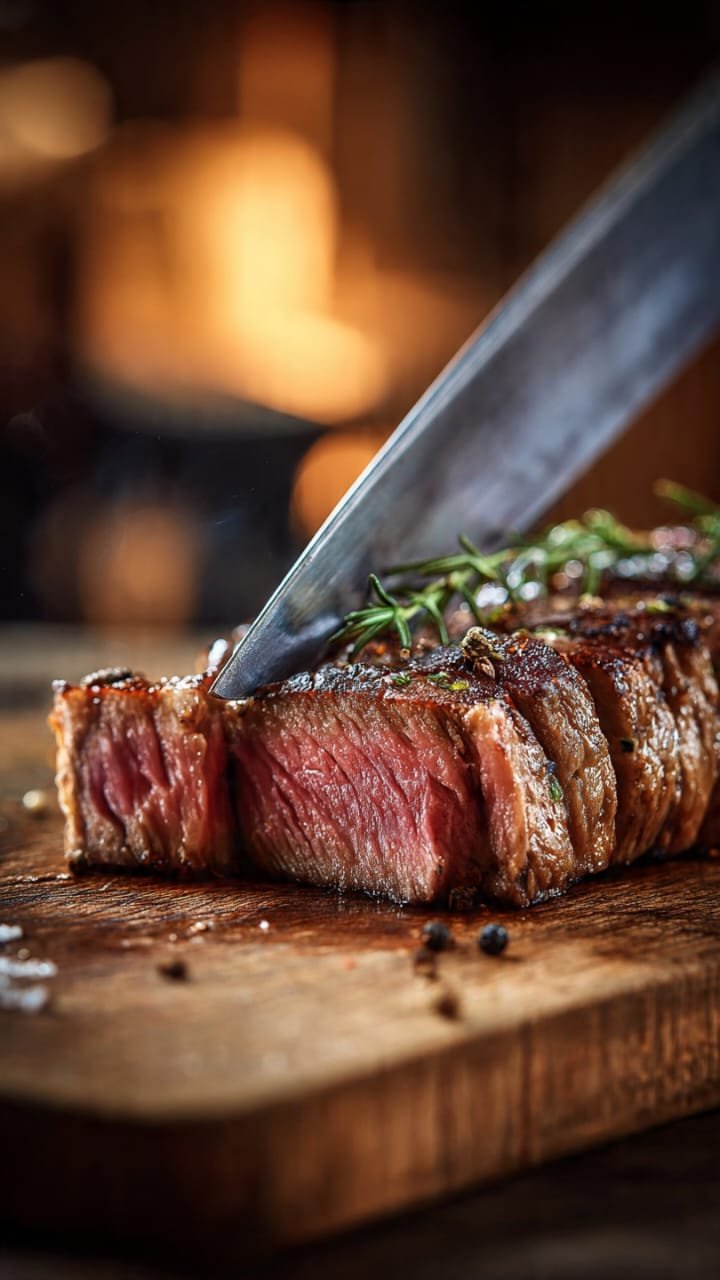 Fatiando carne finamente contra as fibras em uma tábua de madeira com faca de chef