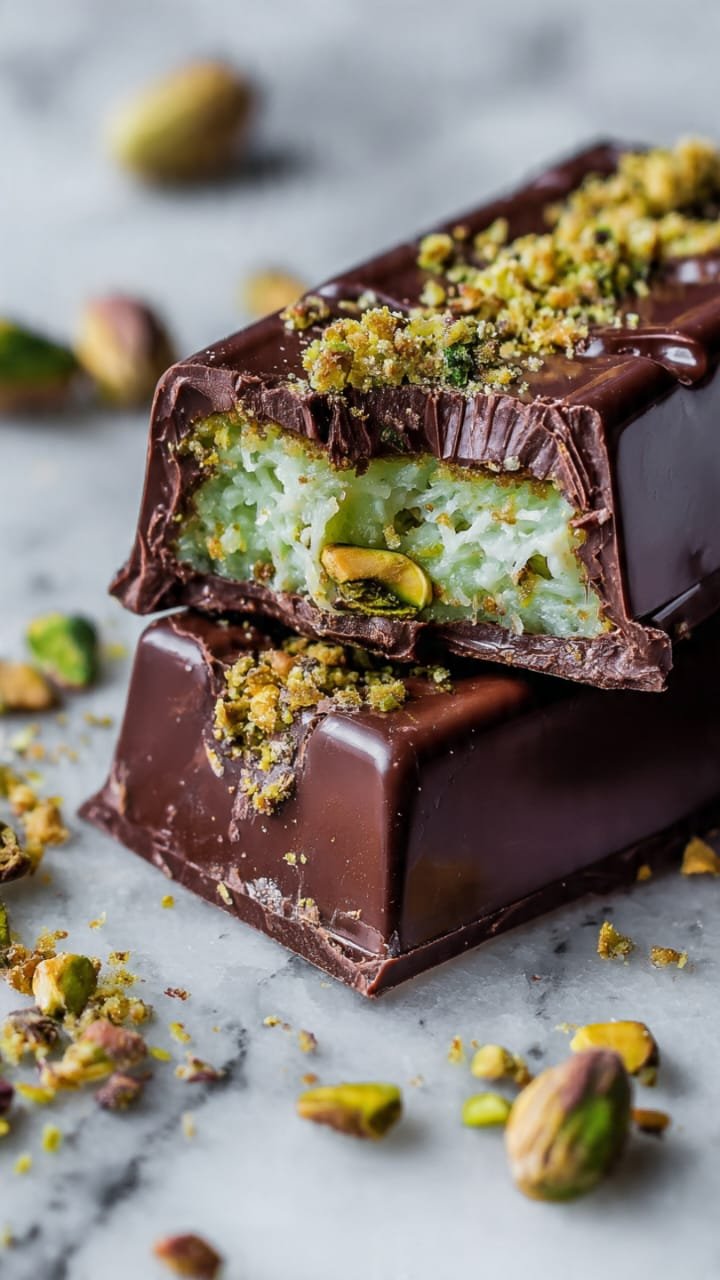 Barra de Chocolate de Dubai caseira partida ao meio com recheio de pistache e knafeh