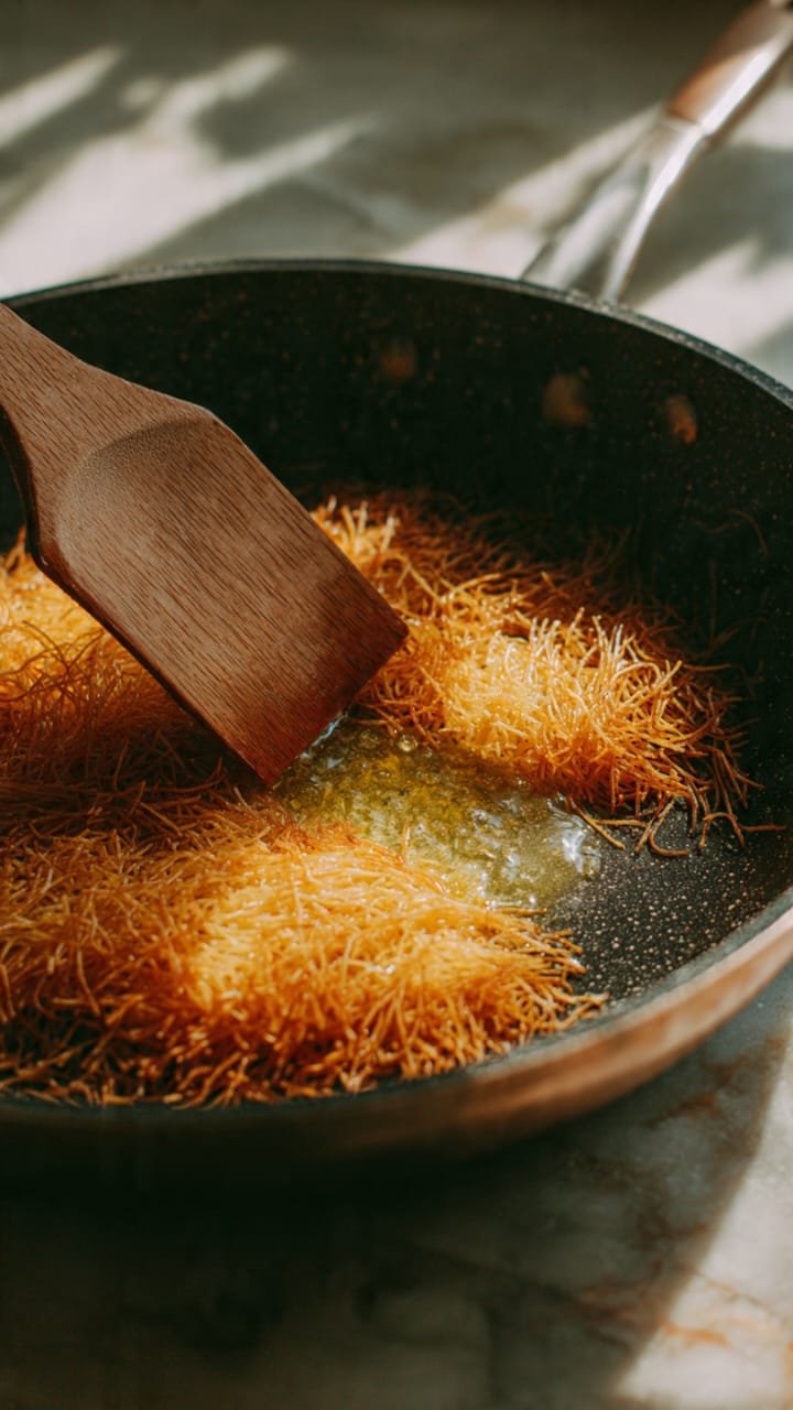 Knafeh sendo frito em frigideira até ficar dourado e crocante para Chocolate de Dubai caseiro

