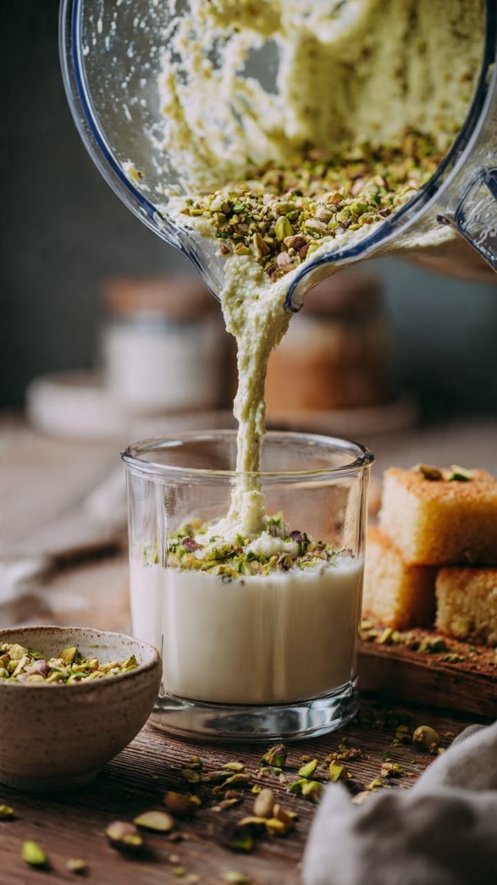 Recheio cremoso de pistache sendo batido no liquidificador para Chocolate de Dubai