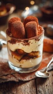 Tiramisù Original cremoso na taça com cacau por cima