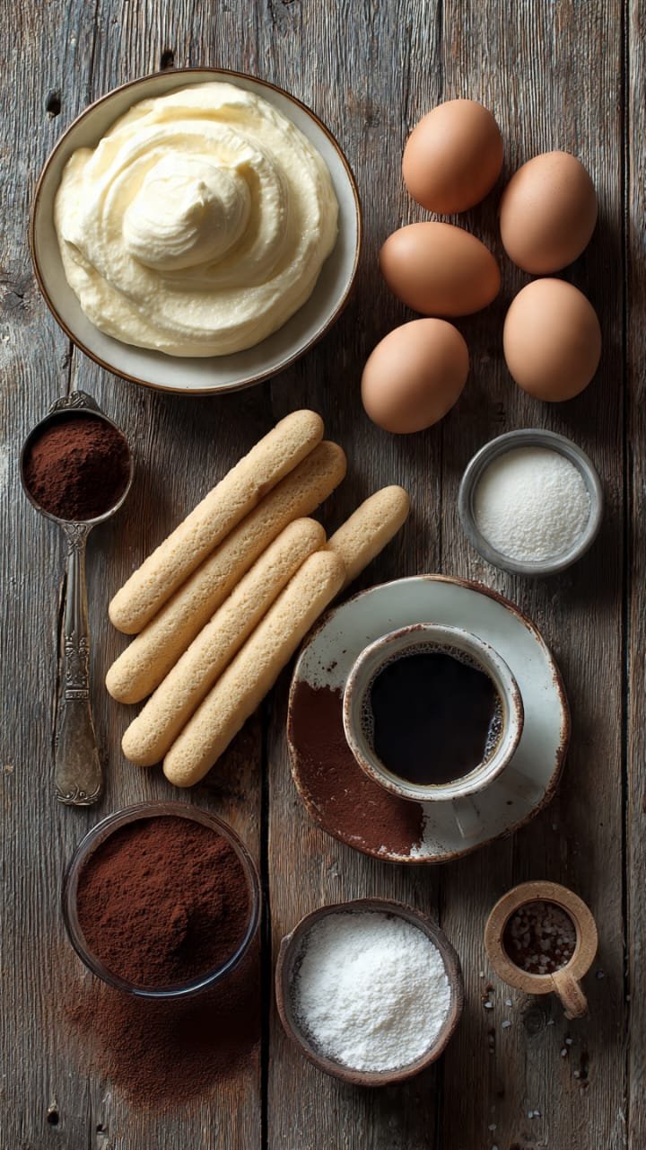 Ingredientes para Tiramisù Original autêntico - mascarpone, ovos, café e biscoito champagne
