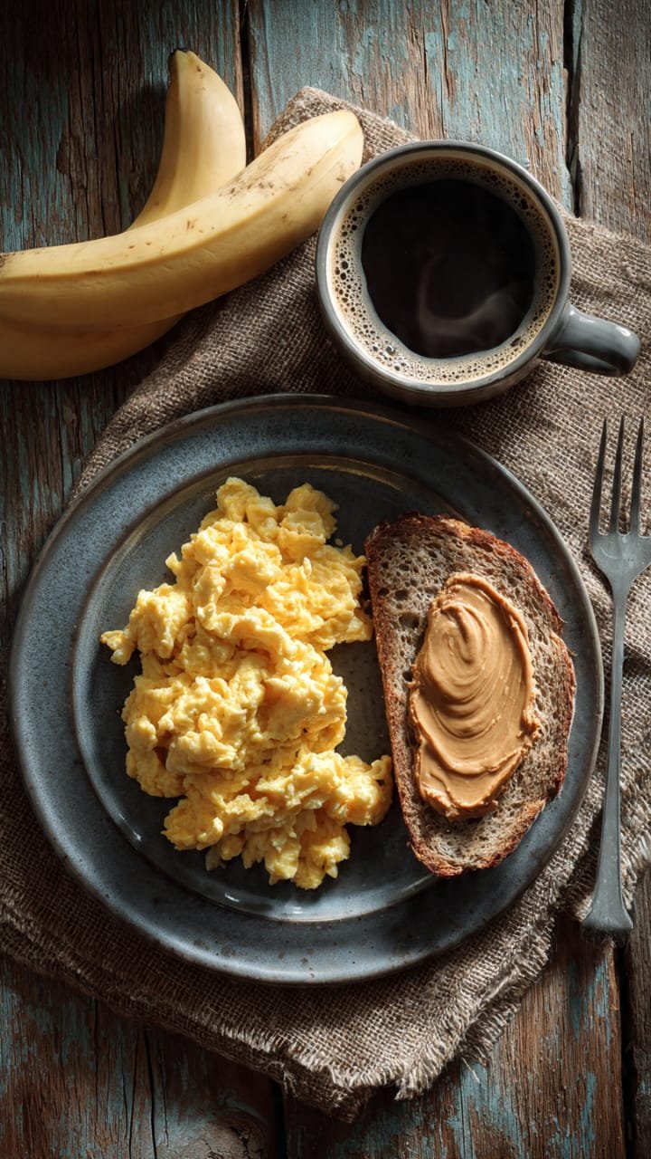 Exemplo de café da manhã saudável com ovos, pão e banana