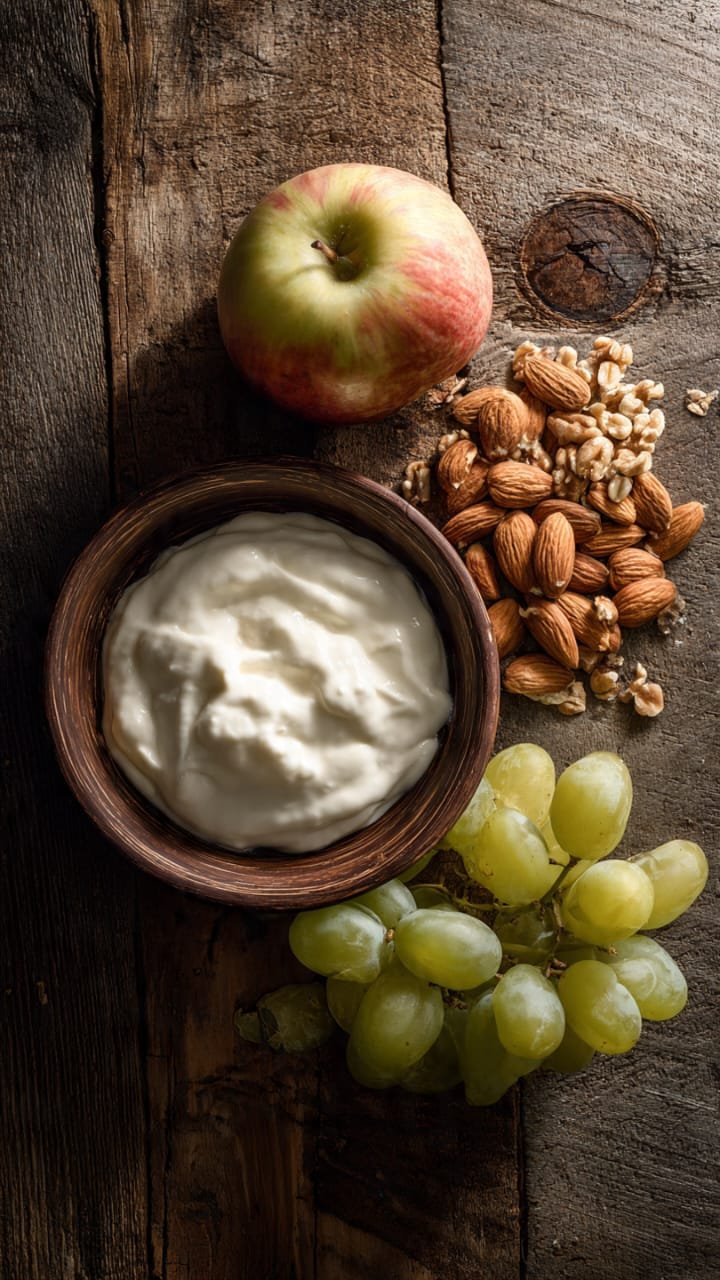Lanche da manhã saudável com iogurte, castanhas e frutas