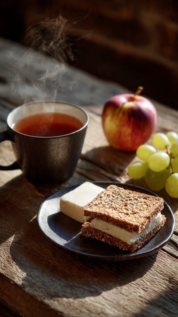 Lanche da tarde saudável com chá, torradas e frutas