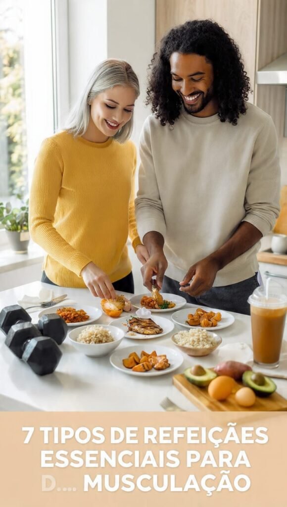 Casal preparando tipos de refeições para musculação na cozinha