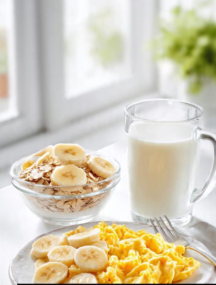 Café da manhã anabólico com ovos, aveia e banana para ganho de massa