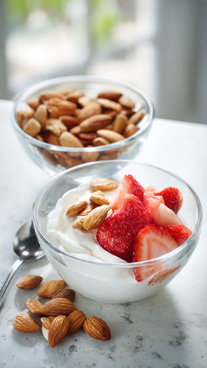 Lanche da manhã com iogurte grego, whey protein e amêndoas