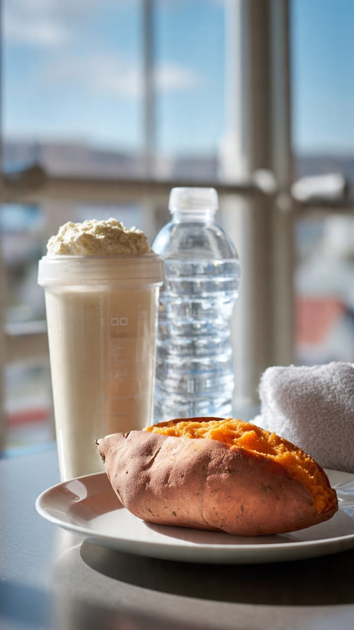 Refeição pós-treino: whey protein e batata doce para recuperação muscular