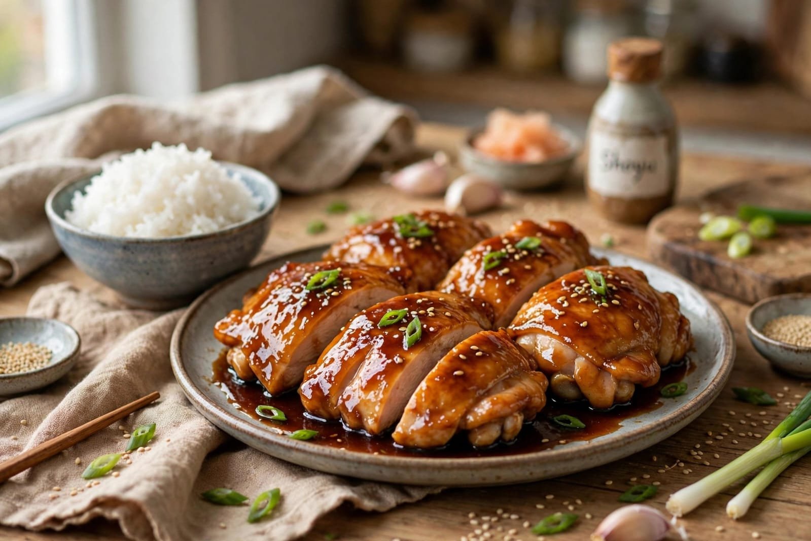 frango teriyaki caseiro com molho brilhante e arroz branco